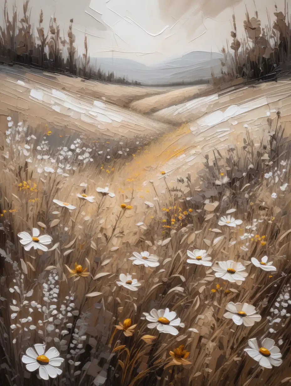 intricate abstract wildflower field landscape hand painted oil painting using only shades of beige, grey, brown, white. lots of detail, texture, grain, blotting and imperfections in paint. Close up angle/perspective of shrubs/wildflowers. large, High resolution image
