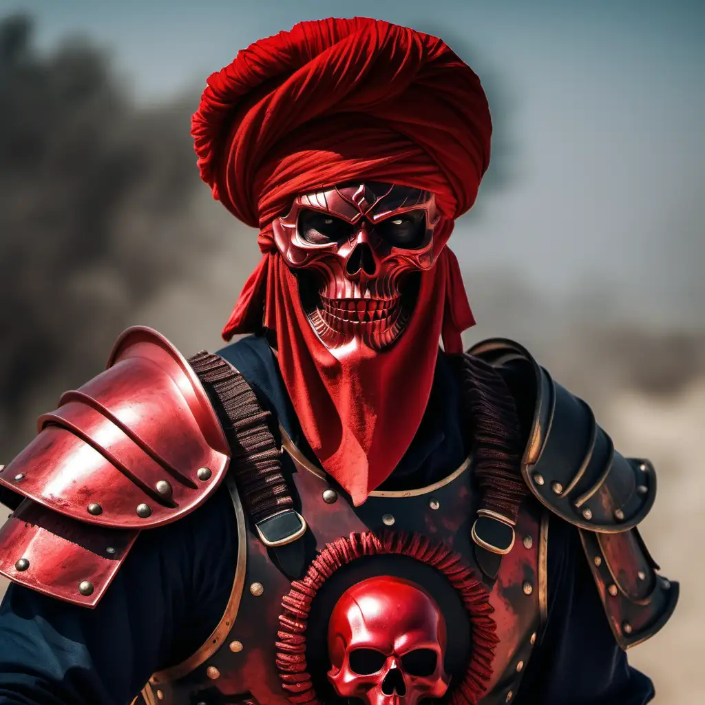 Male warrior with a red skull on his armour wearing a helmet with a turban