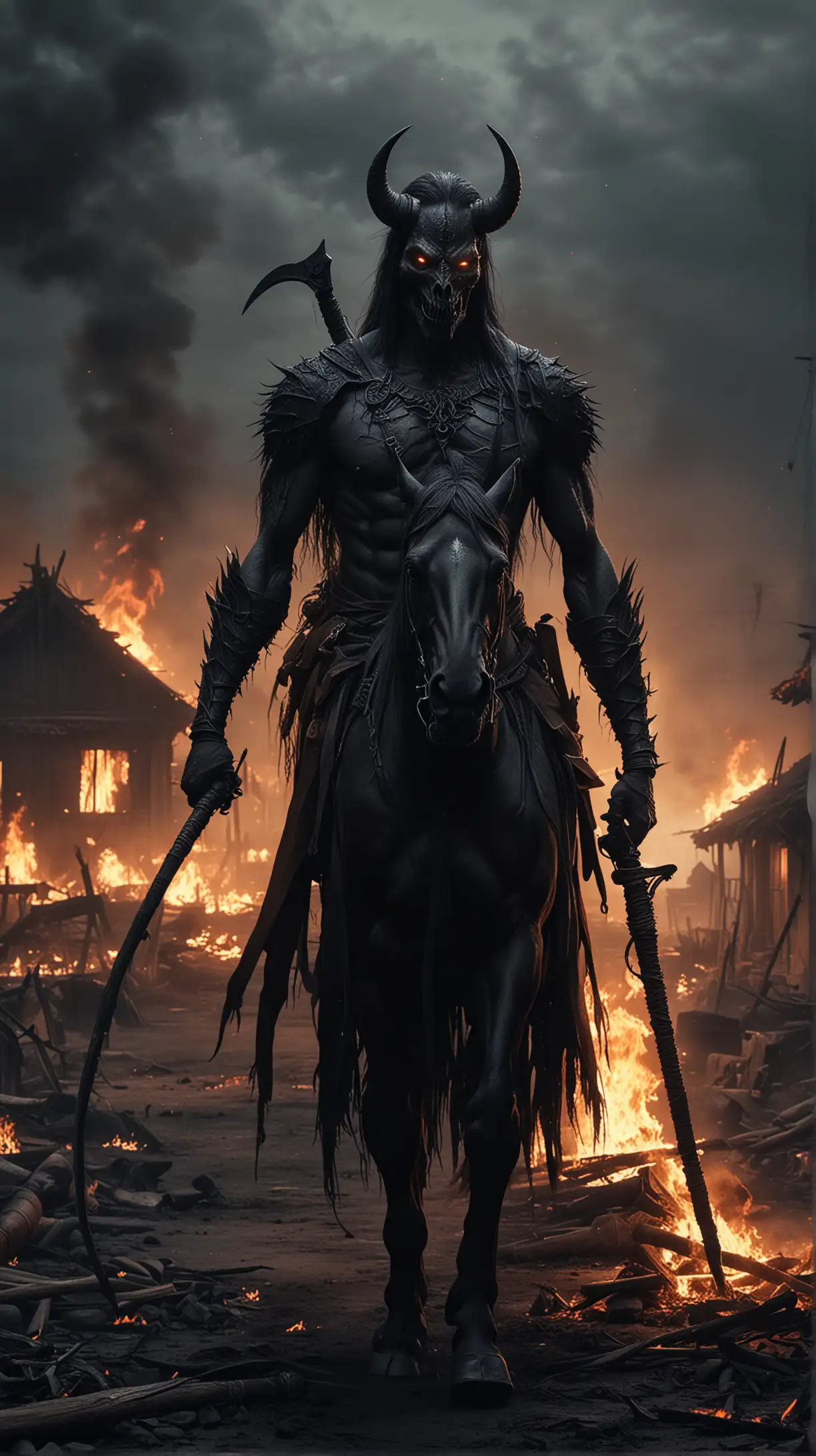 dark horror style, demon half-human and half-horse wearing black savan and holding long scythe, burning village on background, night, hyper-realistic, photo-realistic