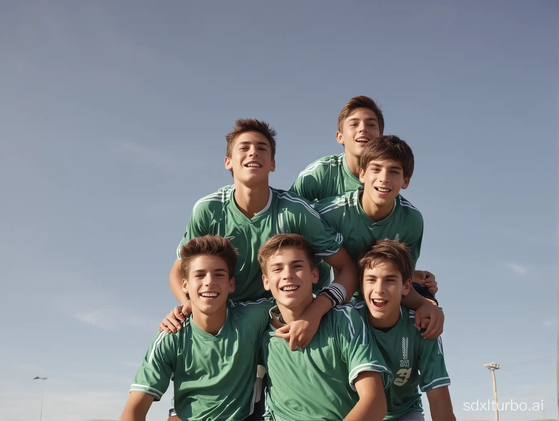 a group of teen football boys carrying each other in piggyback and riding on their shoulders, low angle shot