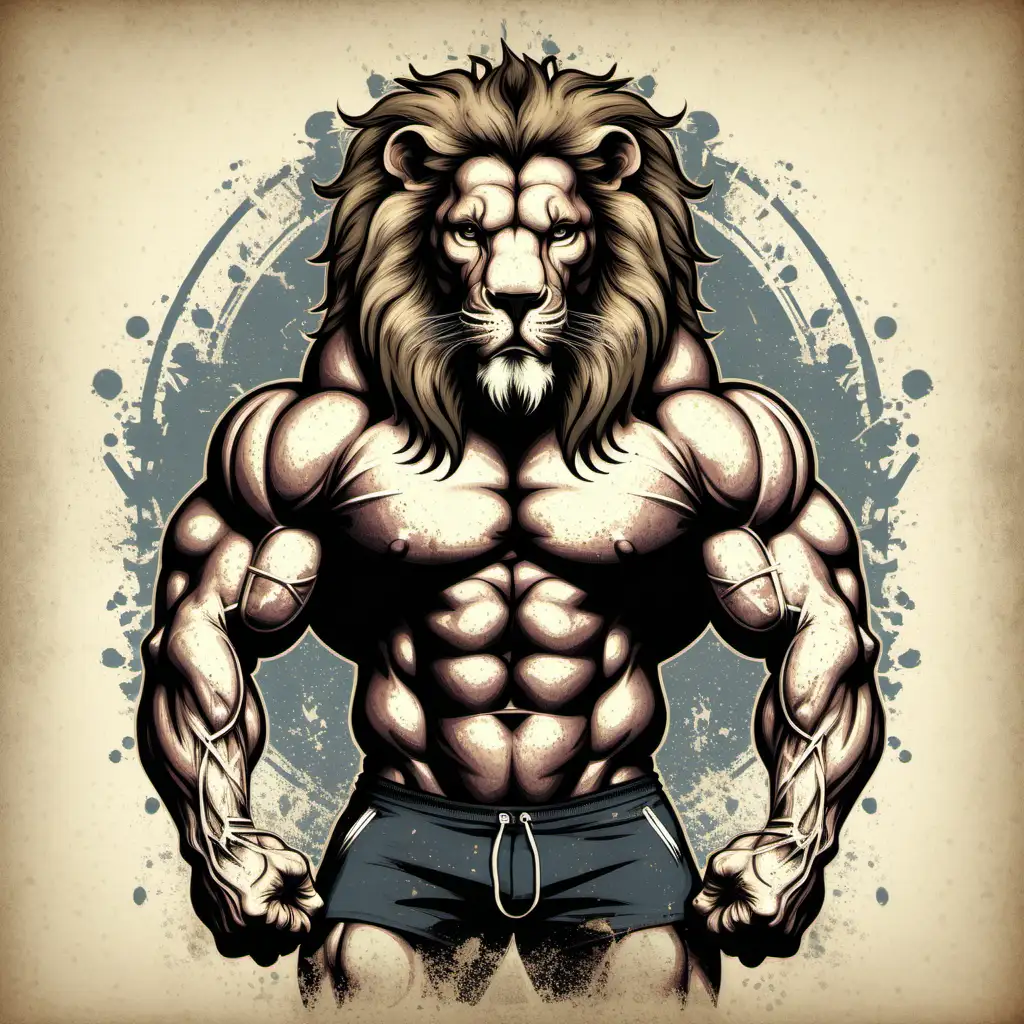 Powerful Grunge Bodybuilder Lion Illustration