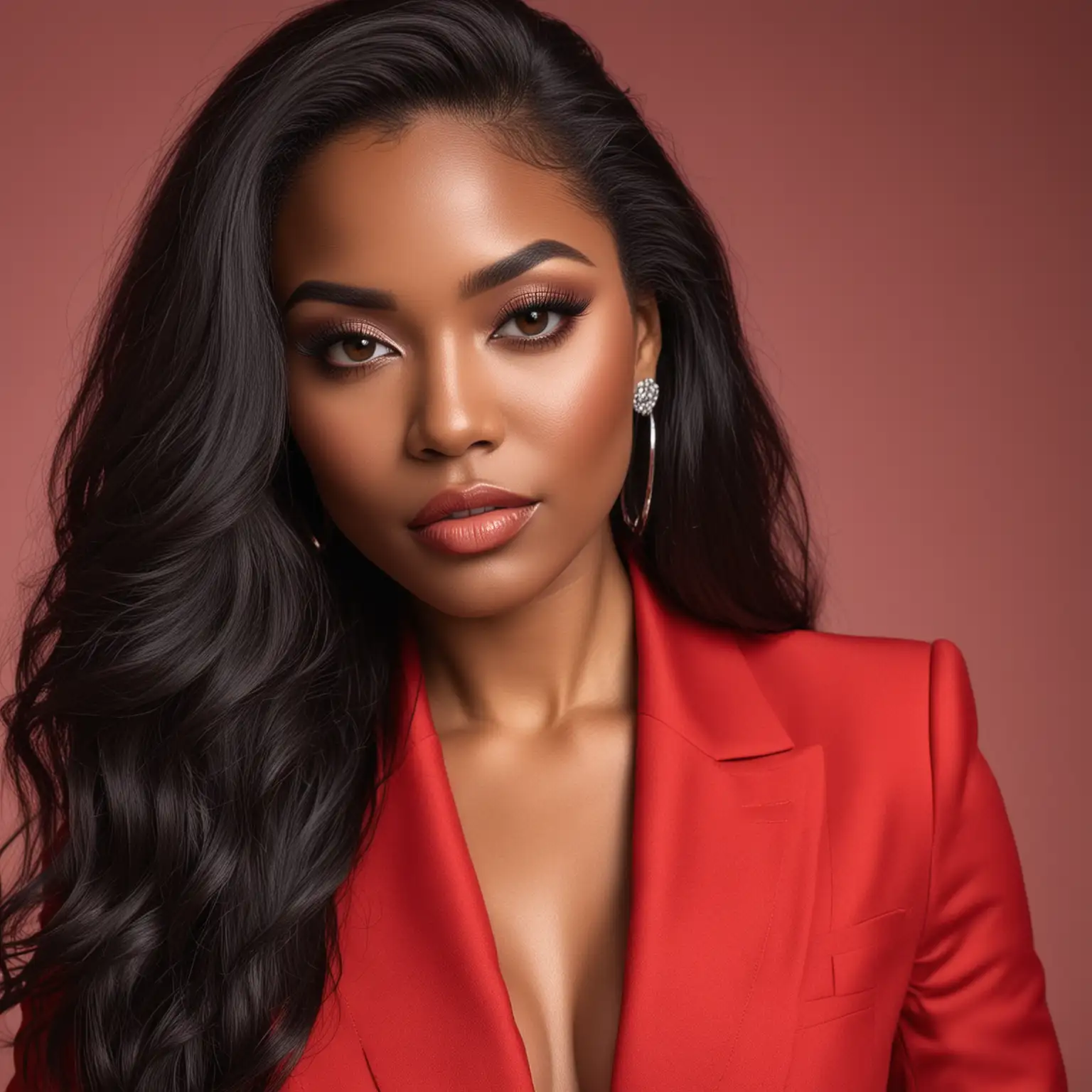 Beautiful African American woman with long black hair, neutral facial expression, long voluminous lashes, Glam makeup look, luxury photoshoot, red suit, head shot
