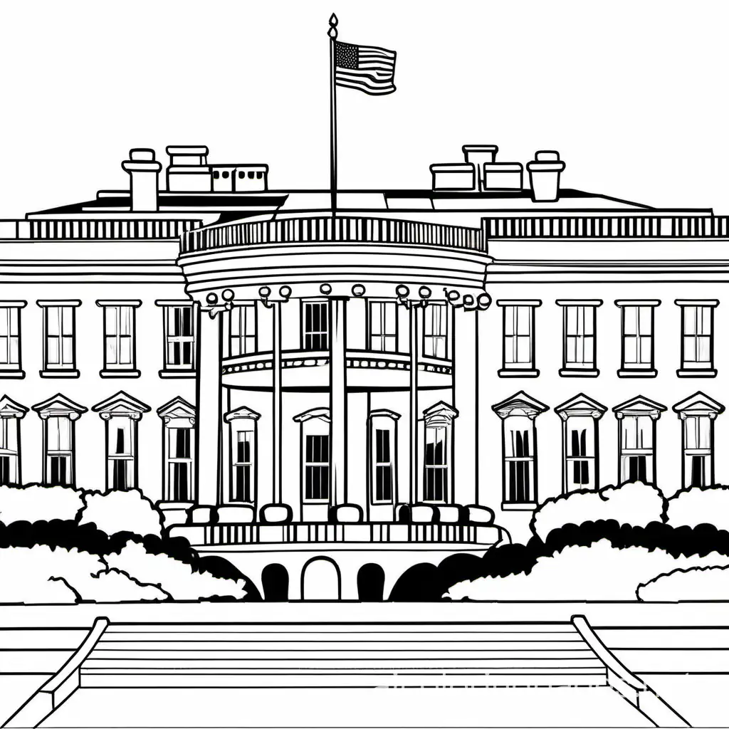 the white house, Coloring Page, black and white, line art, white background, Simplicity, Ample White Space. The background of the coloring page is plain white to make it easy for young children to color within the lines. The outlines of all the subjects are easy to distinguish, making it simple for kids to color without too much difficulty, Coloring Page, black and white, line art, white background, Simplicity, Ample White Space. The background of the coloring page is plain white to make it easy for young children to color within the lines. The outlines of all the subjects are easy to distinguish, making it simple for kids to color without too much difficulty