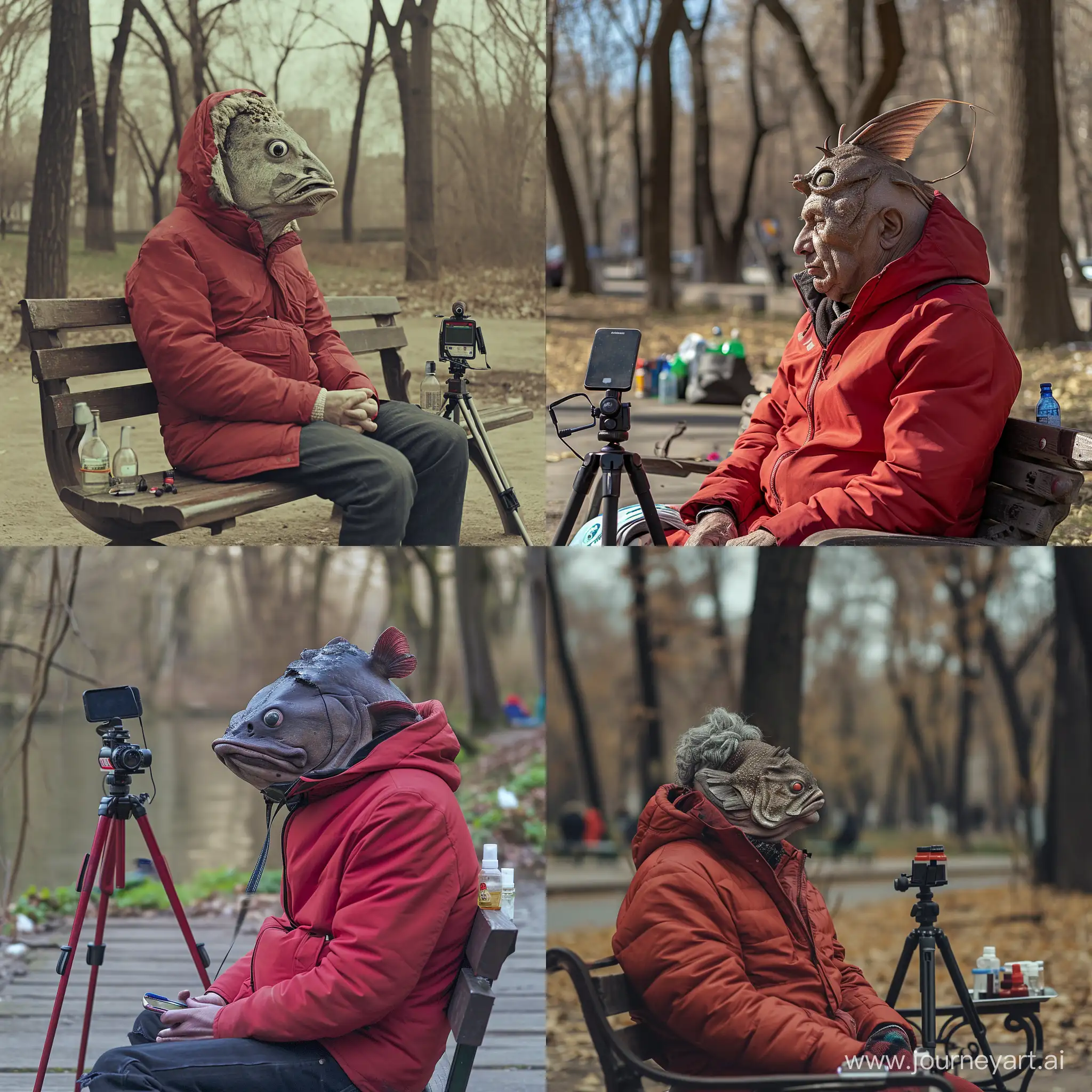Man-with-Catfish-Head-Sitting-on-Park-Bench-with-iPhone-Tripod