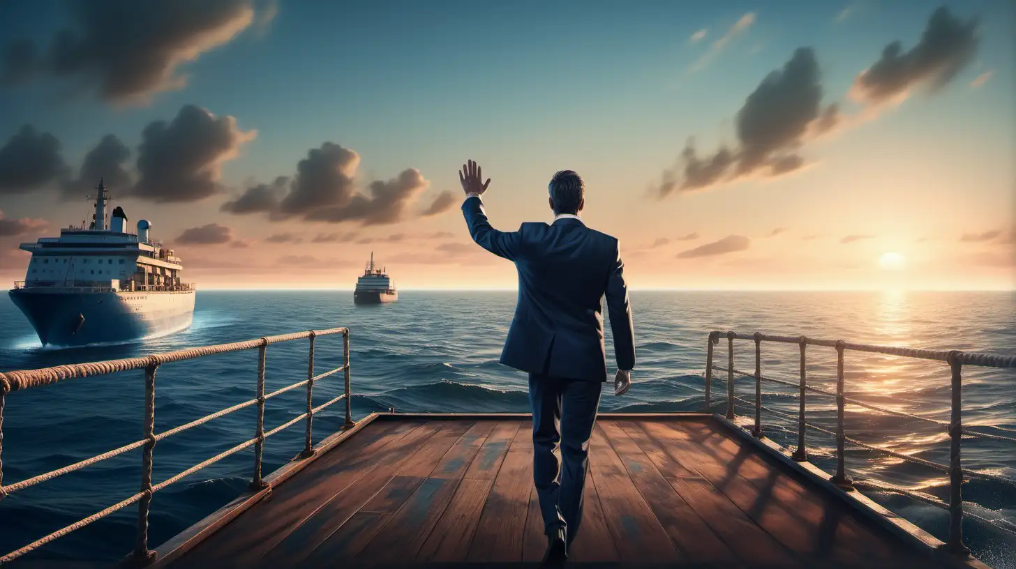 ship sailing away towards the horizon, water marks behind it, a person with business suit waving at it from behind standing on a dock, super realistic, blue tones sunset