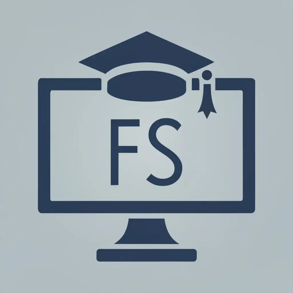 logo, simple computer monitor in dark blue on white background, with the text "FS", simple computer monitor, flat graduation cap on top, typography, be used in Education industry