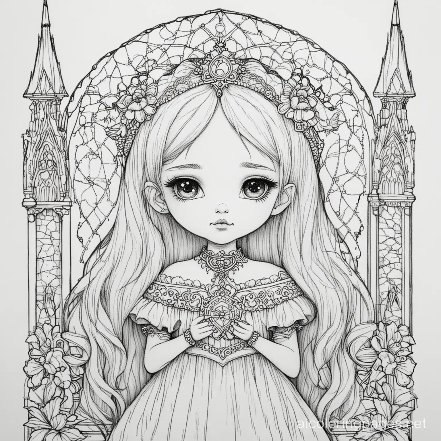 gothic, Coloring Page, black and white, line art, white background, Simplicity, Ample White Space. The background of the coloring page is plain white to make it easy for young children to color within the lines. The outlines of all the subjects are easy to distinguish, making it simple for kids to color without too much difficulty