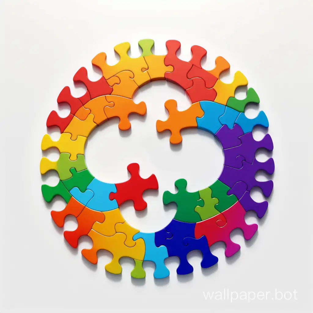 Rainbow-colored puzzle pieces form a figure-eight on a white background