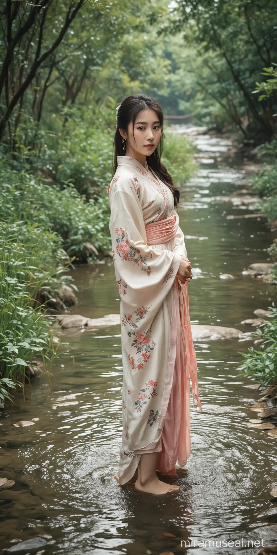 18岁的林青霞在小溪边的一张照片，80年代中国风格，周围环境优美，林青霞站在小溪里，