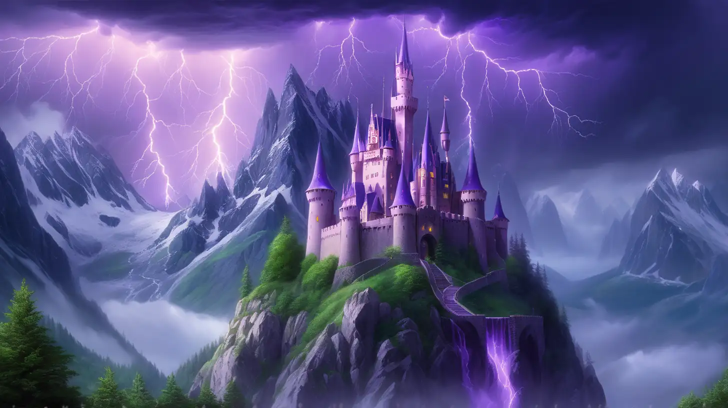 fairytale-castle in the middle of a thunderstorm surrounded by mountains. Purple. Green. Bright-Blue. 