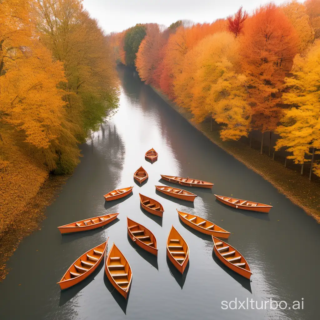 five small boats float down a river surrounded by autumn leaves and trees