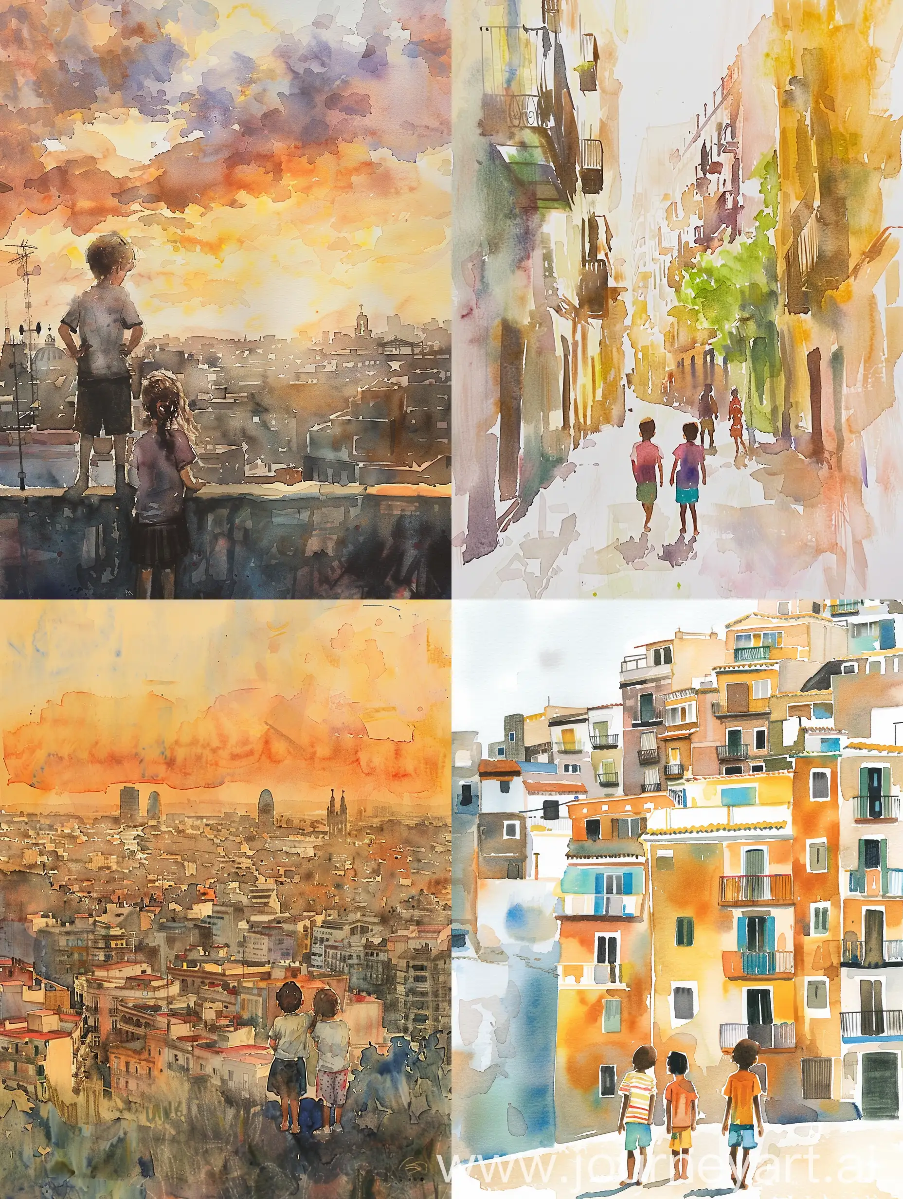 Dull watercolor of the city of Barcelona city, summer, children, joy, summer, calm, endless summer, dull colors, calm colors, faded colors