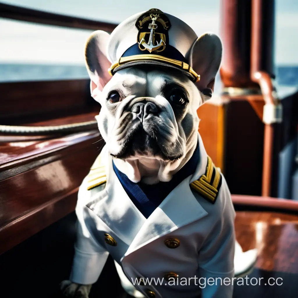 A French bulldog in a naval uniform ON A SHIP