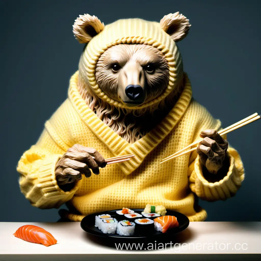 человекообразный медведь в желтой кофте ест роллы