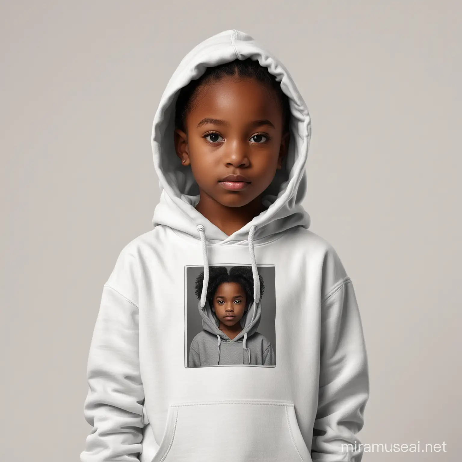 black girl kid, using a hoodie with classic fit, photographic background white