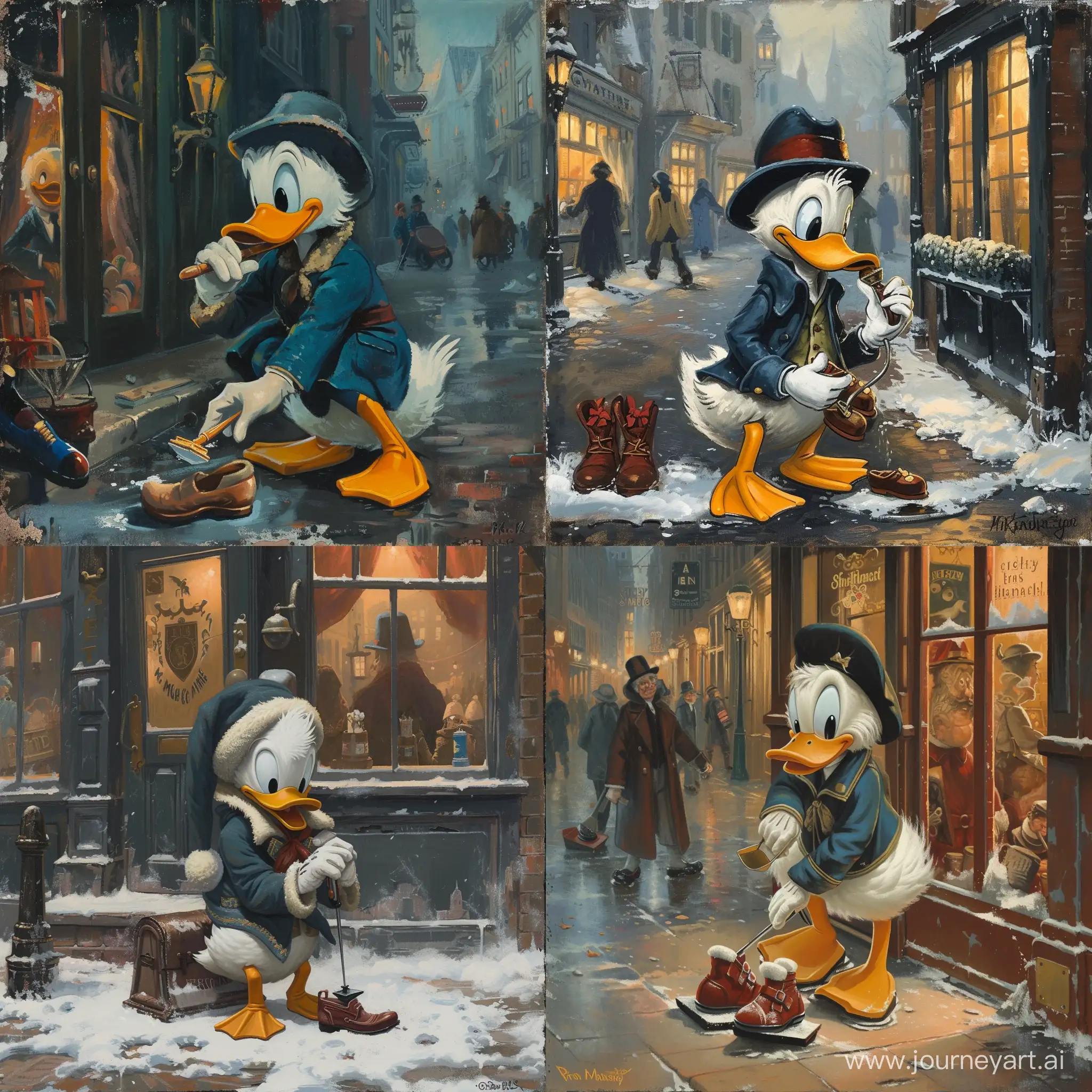 Depicting-Young-Scrooge-McDuck-Polishing-Shoes-in-1930s-Street-Scene