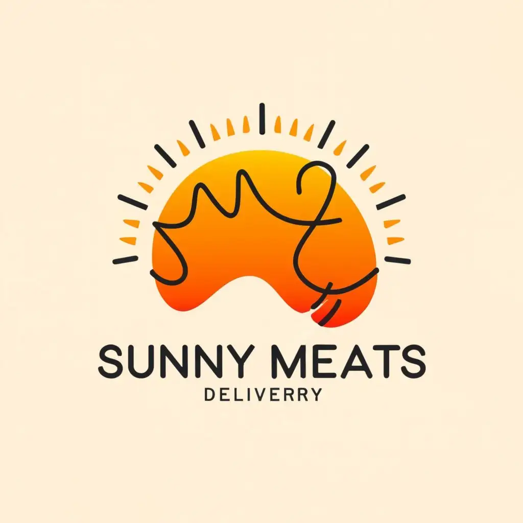 logo, Australian country shape shining like a sun, with a cow, with the text "Sunny Meats Delivery", typography