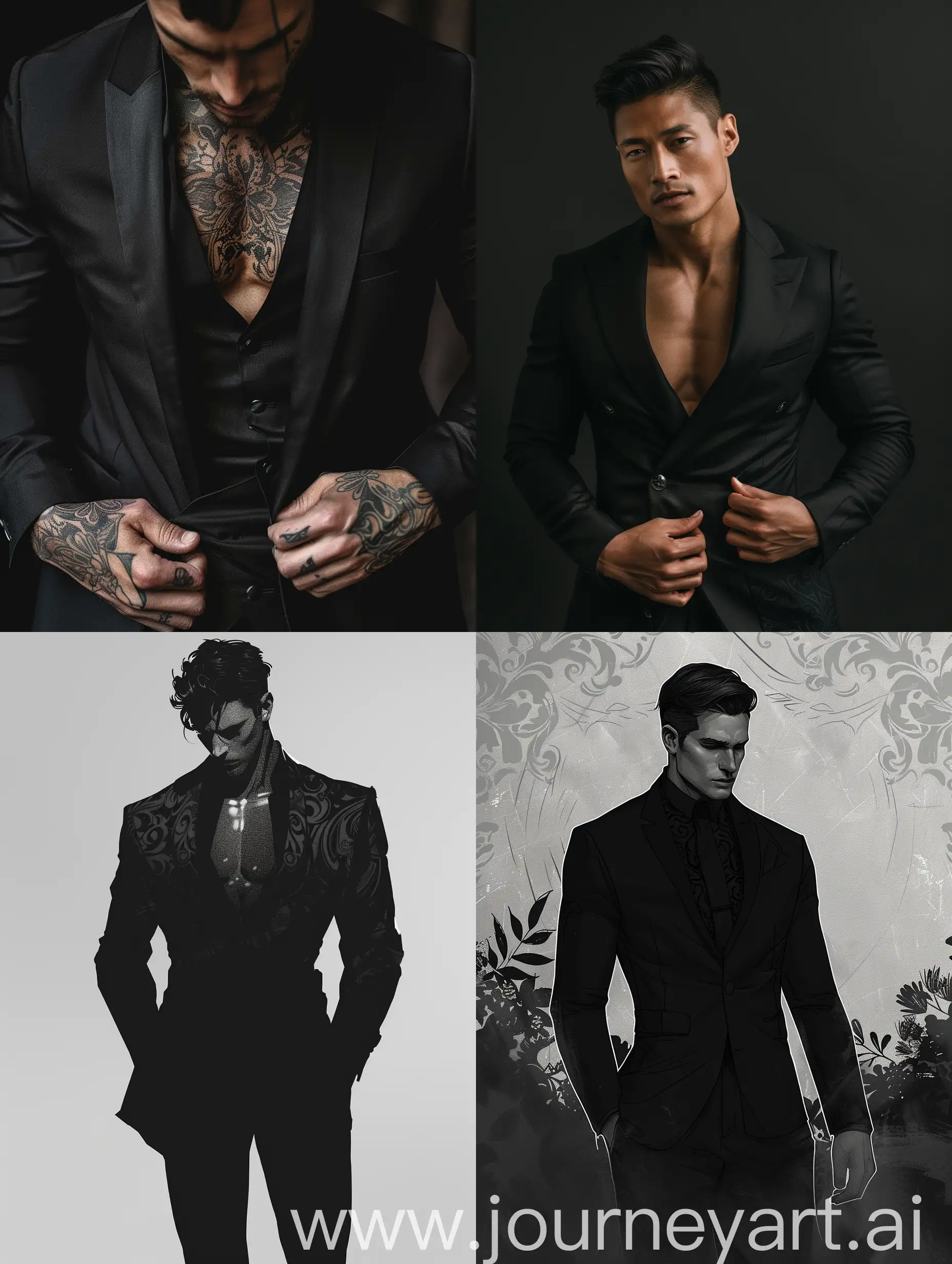 ink black suit, longing aesthetic, nostalgic aethetic, minimal Damask, muscle physique, flexible suit, tight-fitted suit