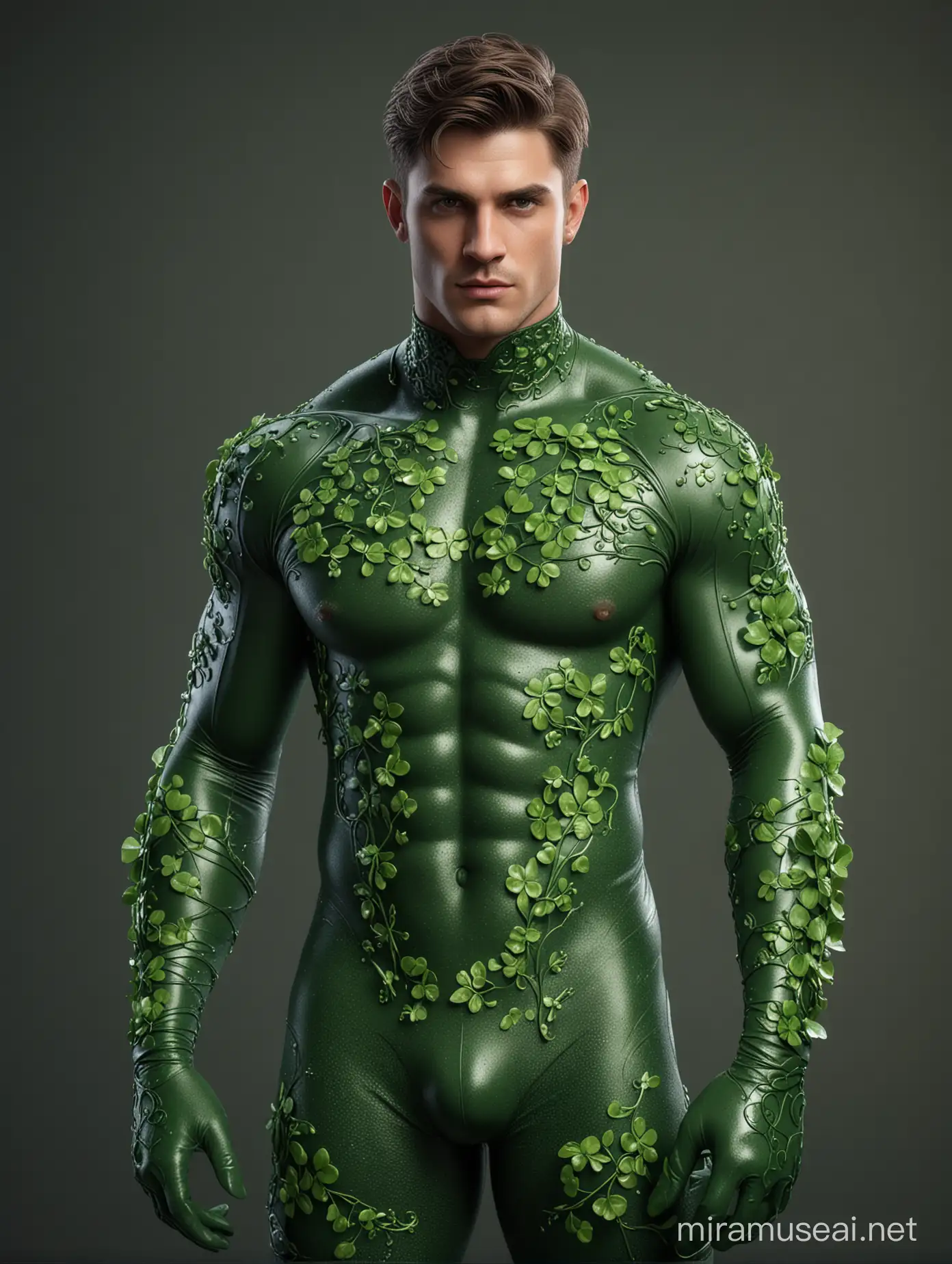 Full full body photorealistic handsome Hunky Poison Shamrock wearing green leaves and vines filigree sparkling latex spandex and gloves, standing firmly face frontal camera focus asymmetrical face details,charachter, beautiful, devian art, trending artstation, digital art, detailed, realistic, humanoide, character,cinematic sho ,cinematic lights, high textures, high resolution, dreamlikeart, 8k, highly detailed, stabilized diffusion,