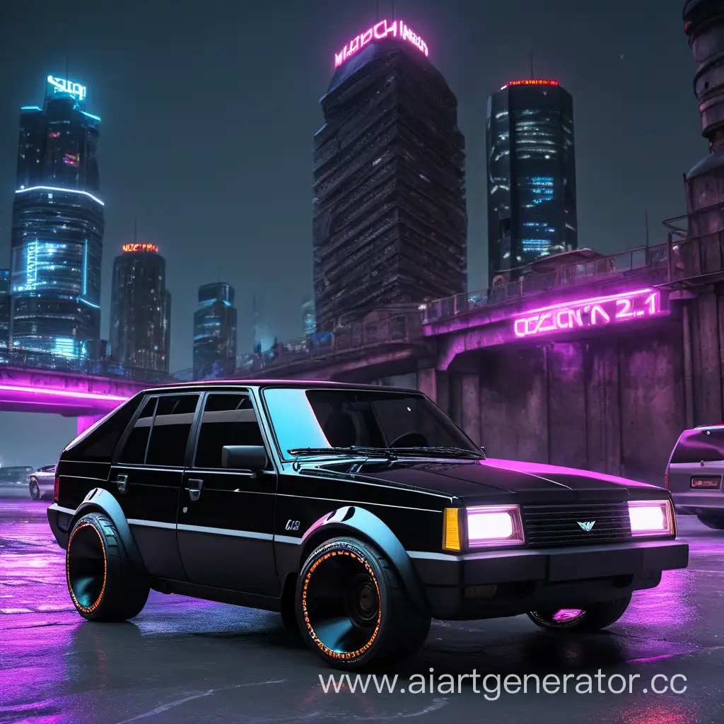 Sleek-Cyberpunk-Black-Moskvich-2141-in-a-Lowrider-Scene