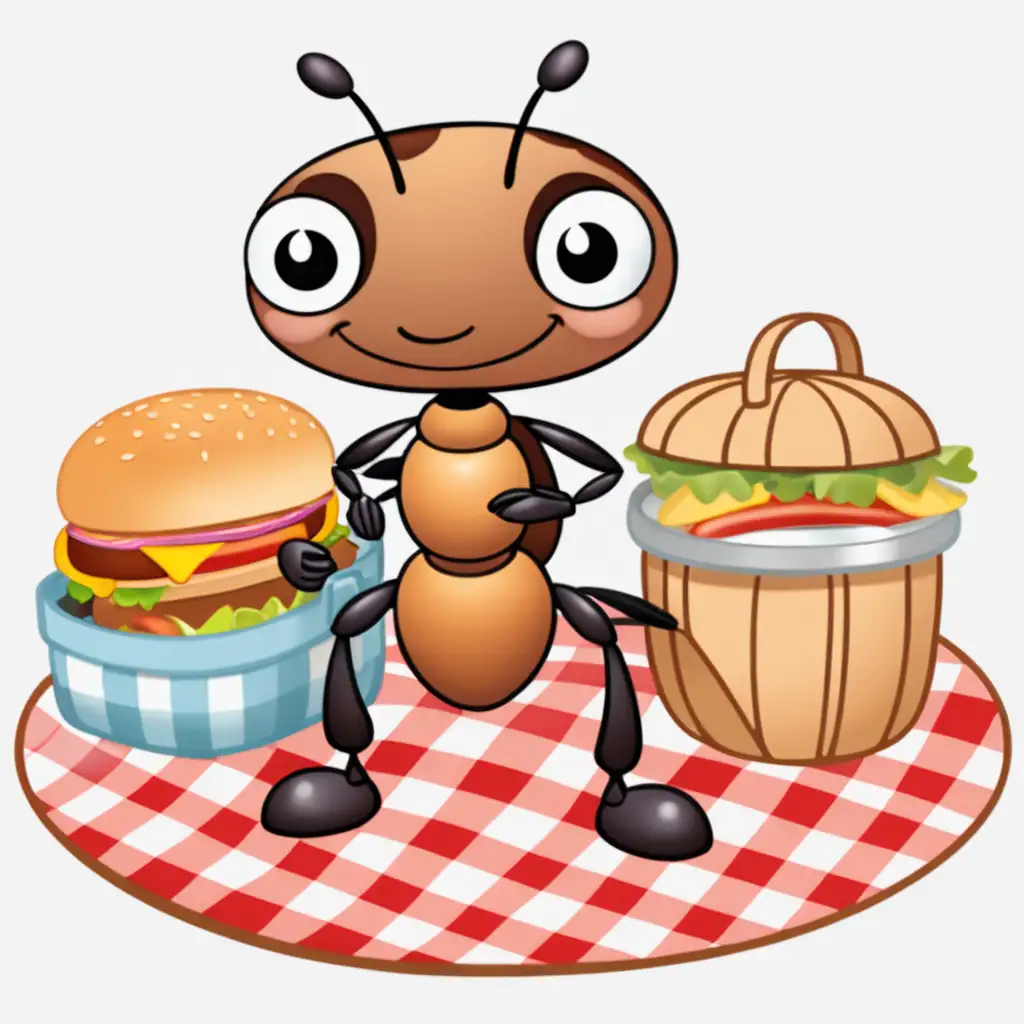 round canvas, transparent background, cartoon ant, picnic, picnic basket, hamburger, hot dog