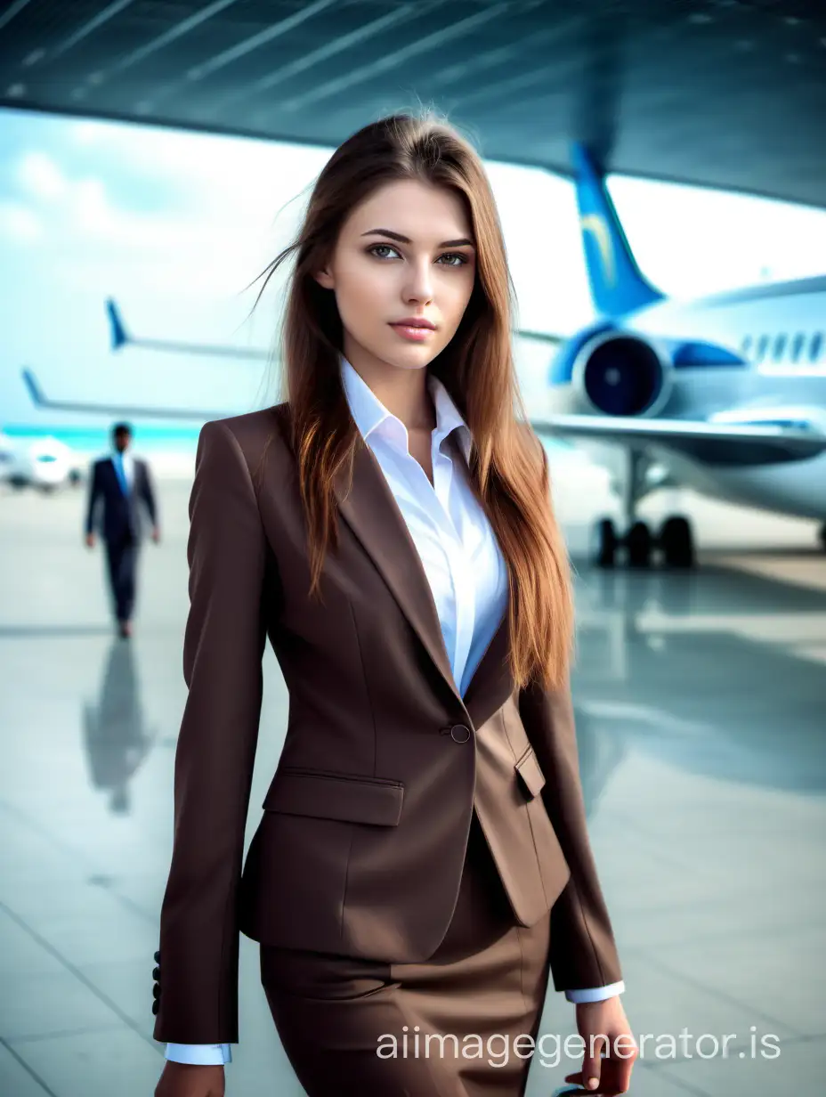 European girl of model appearance, with long brown hair, 25 years old, wearing a business suit. The whole composition in style is all very futuristic. At the Maldives airport.