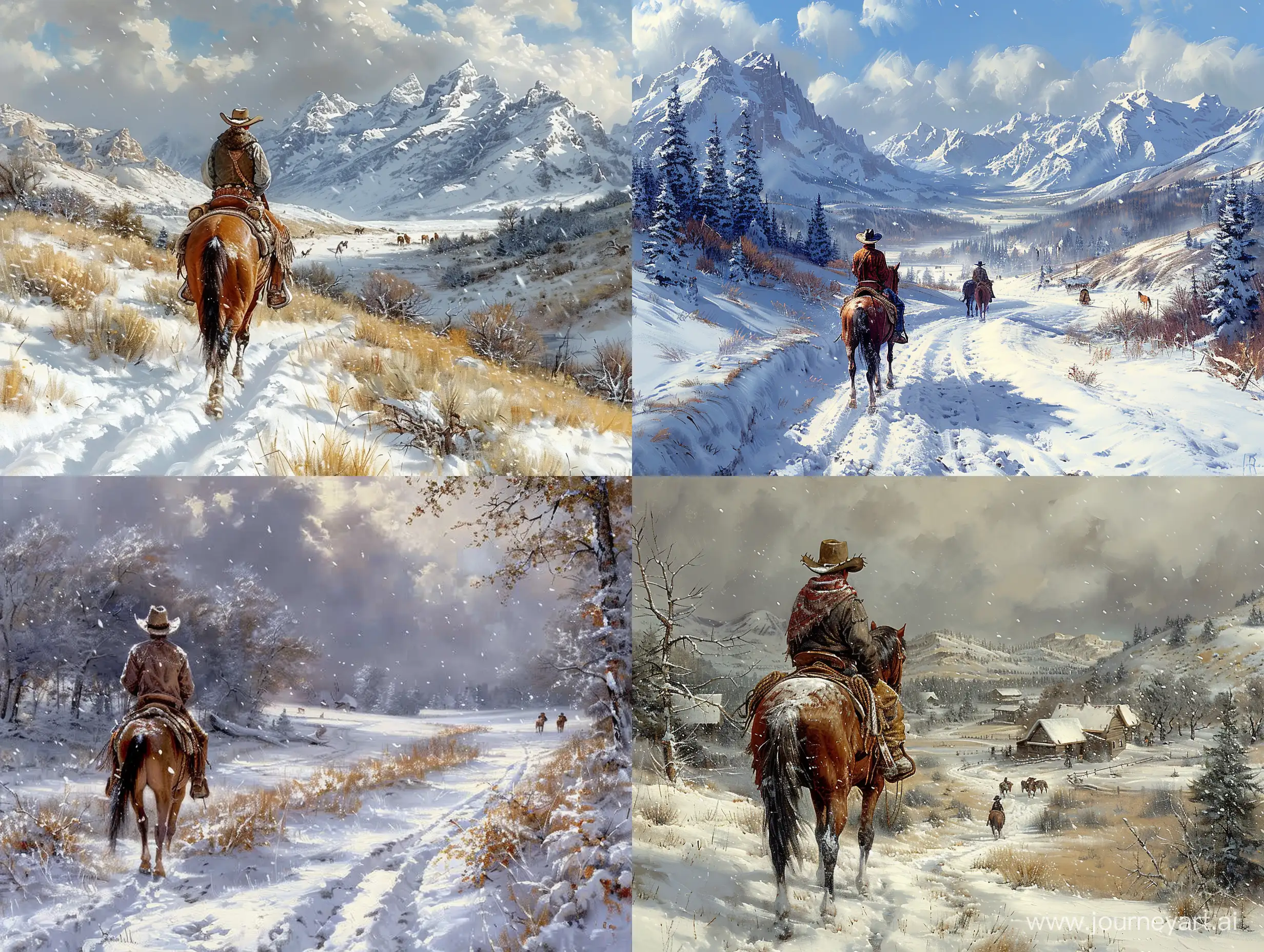 Realistic-Cowboy-Riding-Horse-in-Snowy-Western-Landscape
