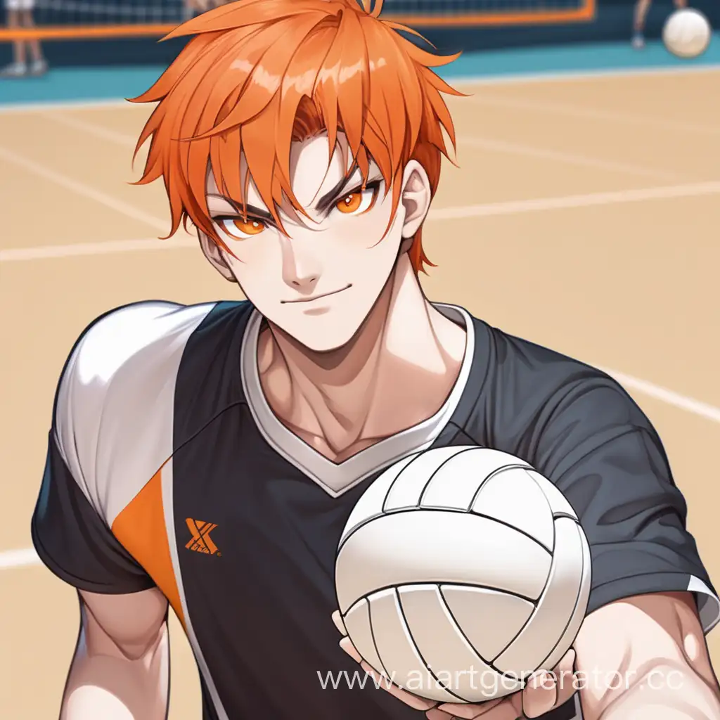 Парень с рыжими волосами и с оранжевыми глазами играет в волейбол