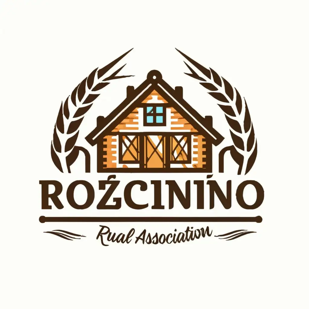 a logo design,with the text "Rural Housewives Association Rościnno", main symbol:The logo depicts a stylized rural house with a characteristic Polish roof covered with straw. On the left side of the house, there is a weaving wheel, symbolizing traditional craftsmanship and women's skills in rural households. In the background of the house and the weaving wheel, there are green fields symbolizing agriculture and nature. Above the house, there is a sun, which symbolizes hope and a new day. The whole is surrounded by delicate ribbons in the national colors of Poland - white and red.,Moderate,clear background