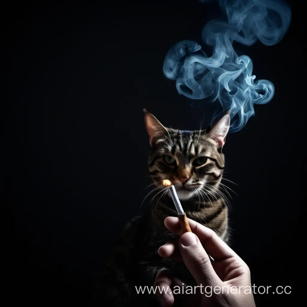 Темный фон, сигарета в руках человека, дым от сигареты  в форме кошки

