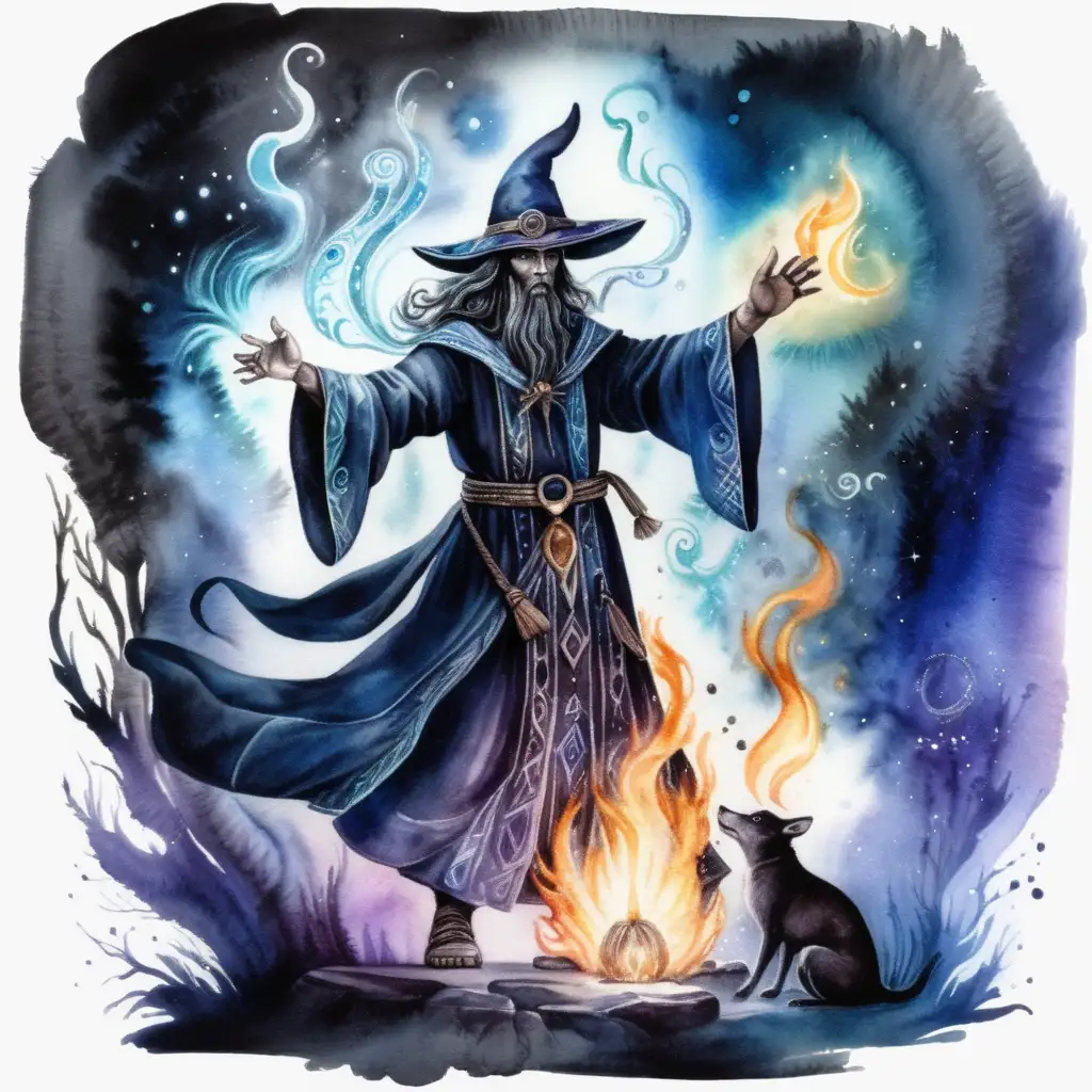 Fantasy Mage Conjuring Animal Spirits in Dark Watercolor Drawing