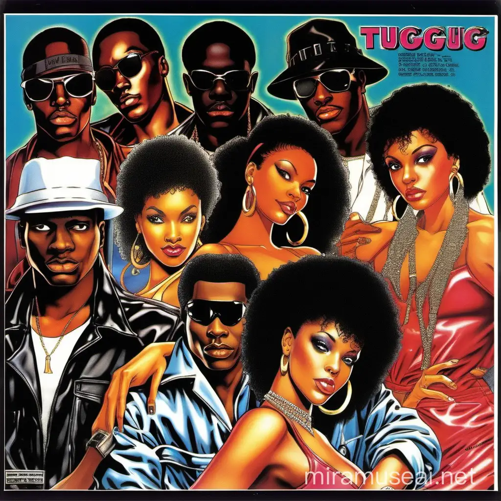Alot of African American young adult flashy gangsters thuggish sexy girls couples creative album cover movie cover brand logo 1982
Early 1980s
