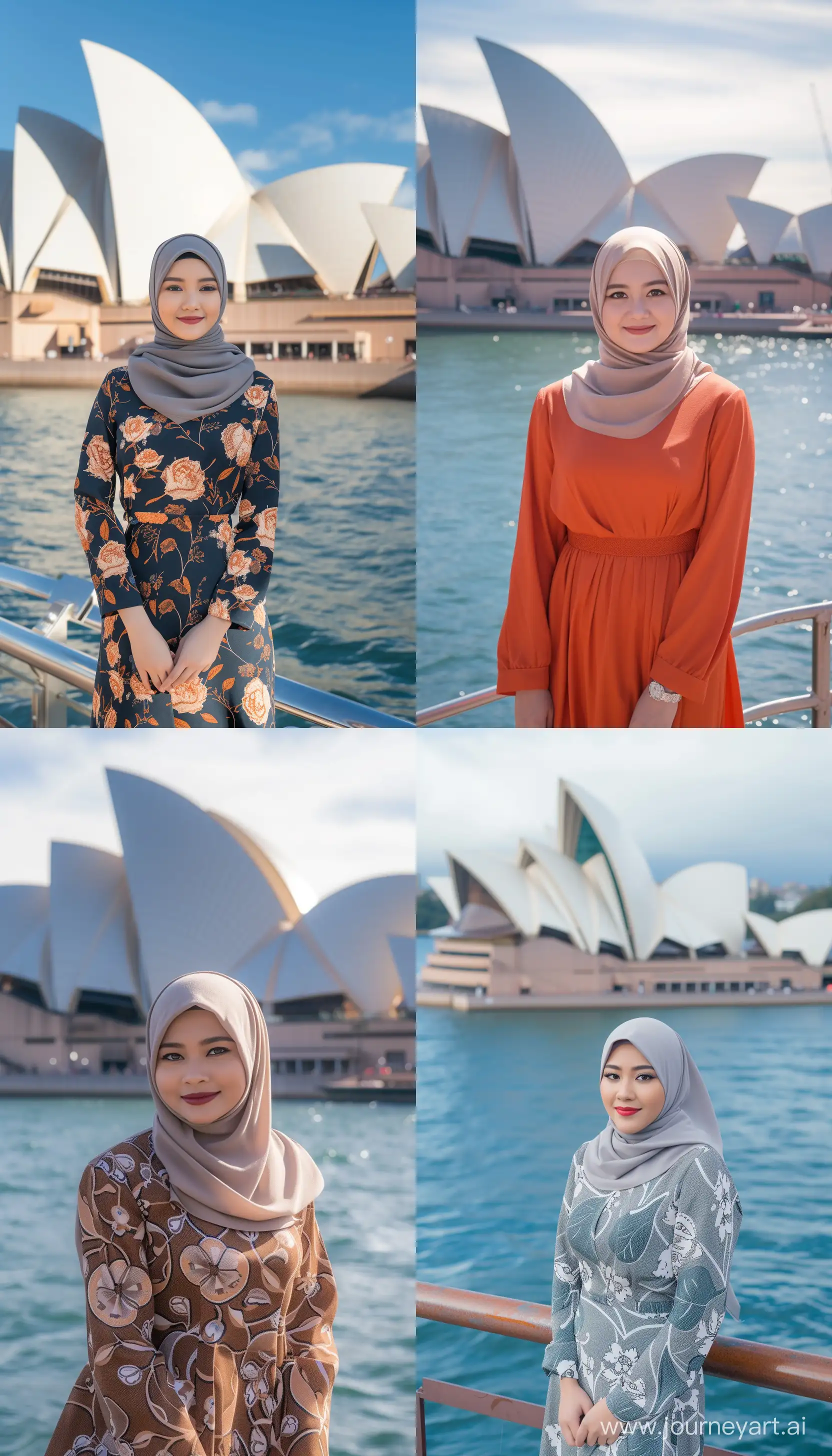 Stunning beautiful young Indonesian woman wearing hijab dress standing against Sidney Opera Building, Sidney Opera Australia background, high quality photography, full shot --ar 4:7 --v 6