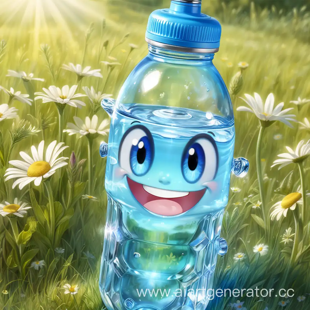 Олицетворённая бутылка воды, с улыбкой, открытыми голубыми глазами, кристально чистыми, спокойно отдыхает на поляне, на нее светит солнце 
