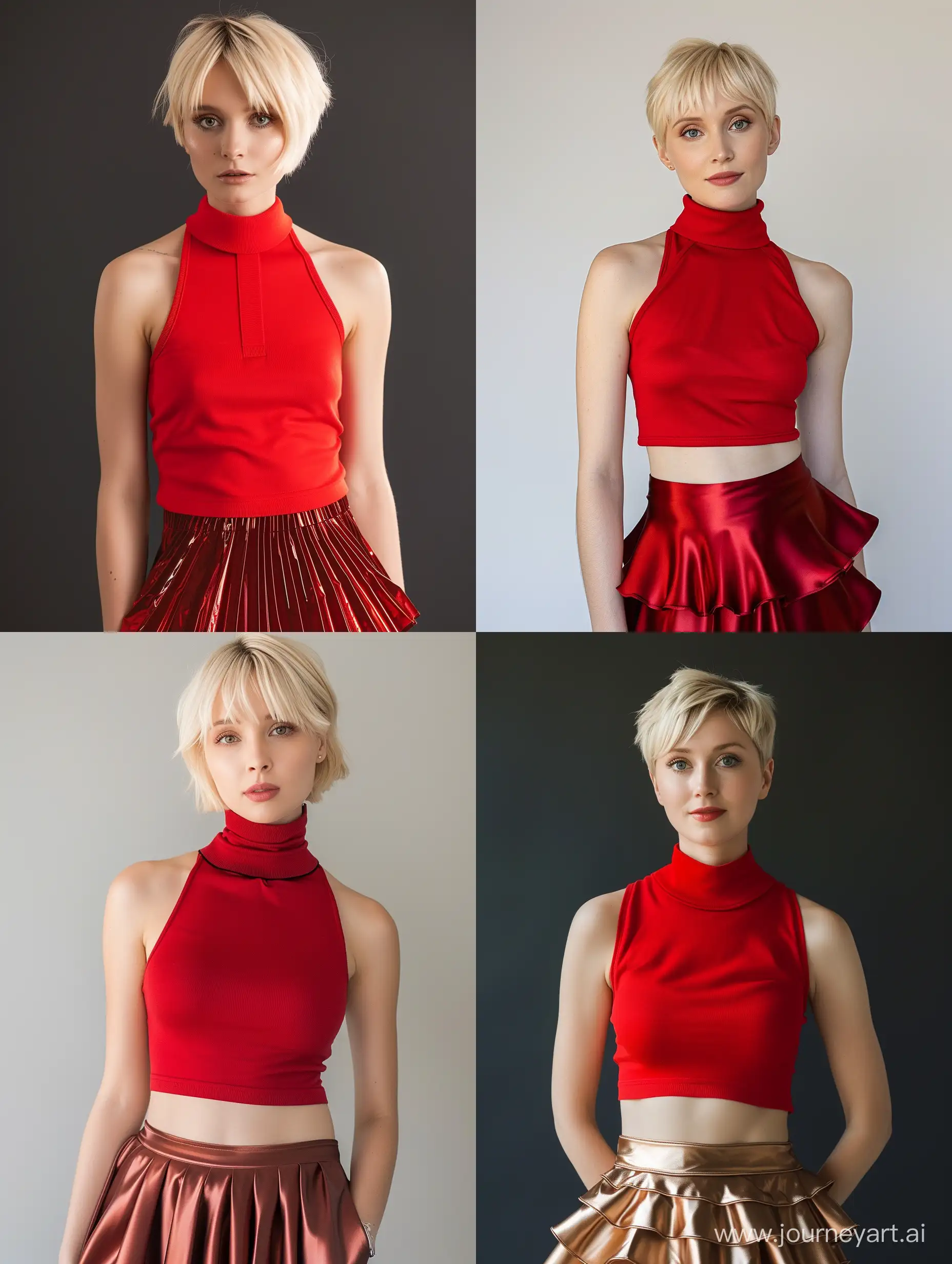 Fashionforward-Blond-Woman-in-Red-Halter-Polo-Neck-and-Satin-Layered-Mini-Skirt