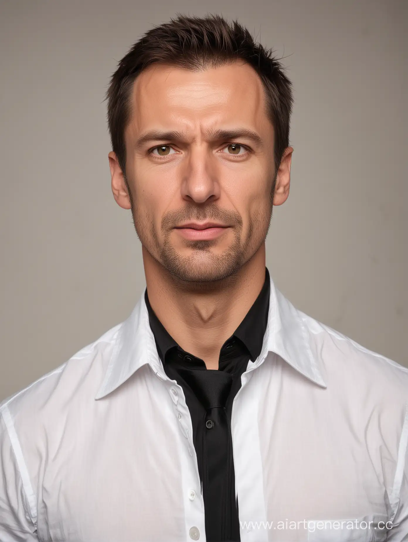 Русский мужчина-45 лет. В белой рубашке и чёрном пиджаке (без галстука) у него серьёзное выражение лица