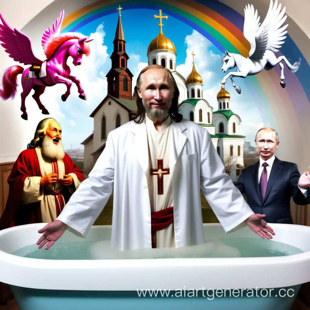 Иисус Христос,который стоит и держит Май литл пони в своих руках,а на фоне церковь и иконы,сзади летает старик на ванне и Путин смеется рядом с Иисусом