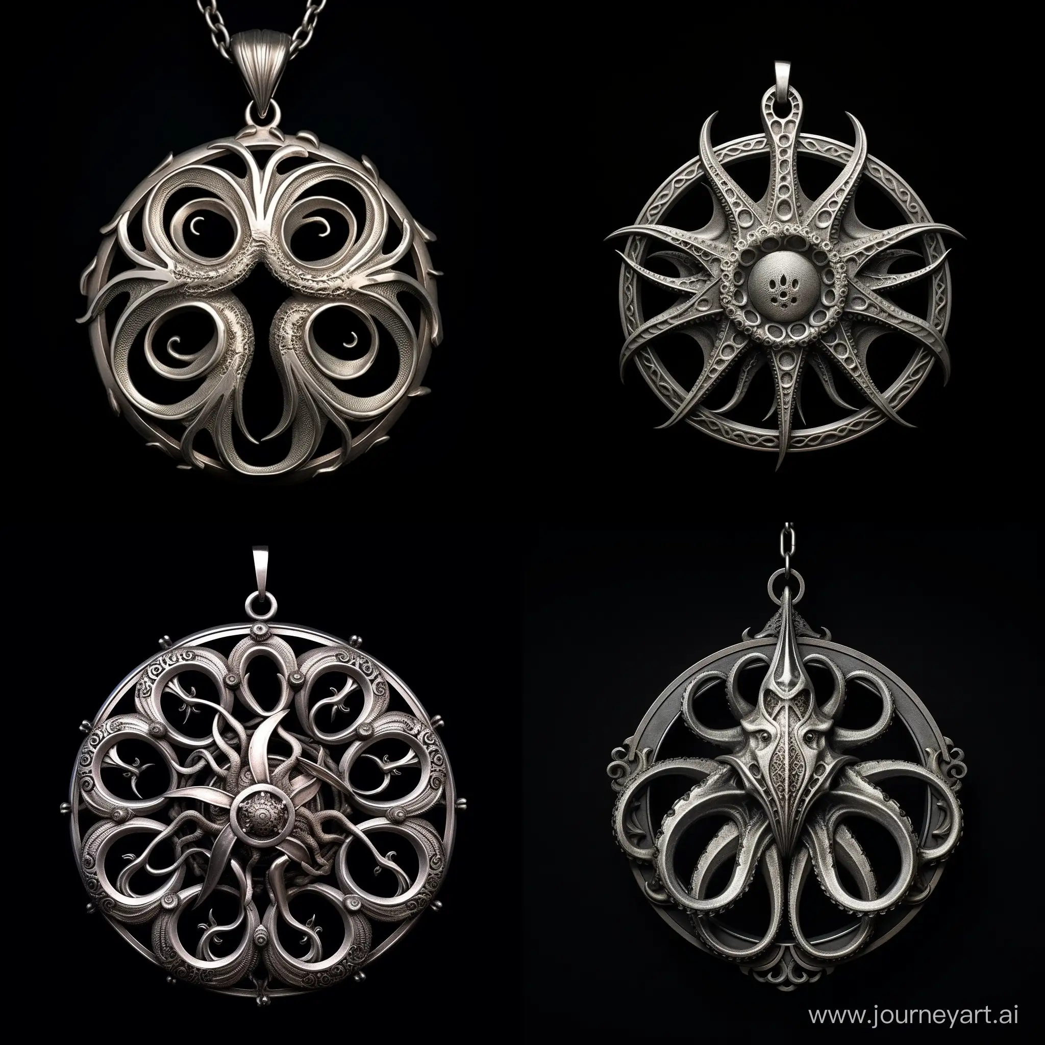 Full silver pendant in the shape of a wheel on fire,
the center of the pendant is a pattern of intertwined legs, octopus tentacles and a fish silhouette.