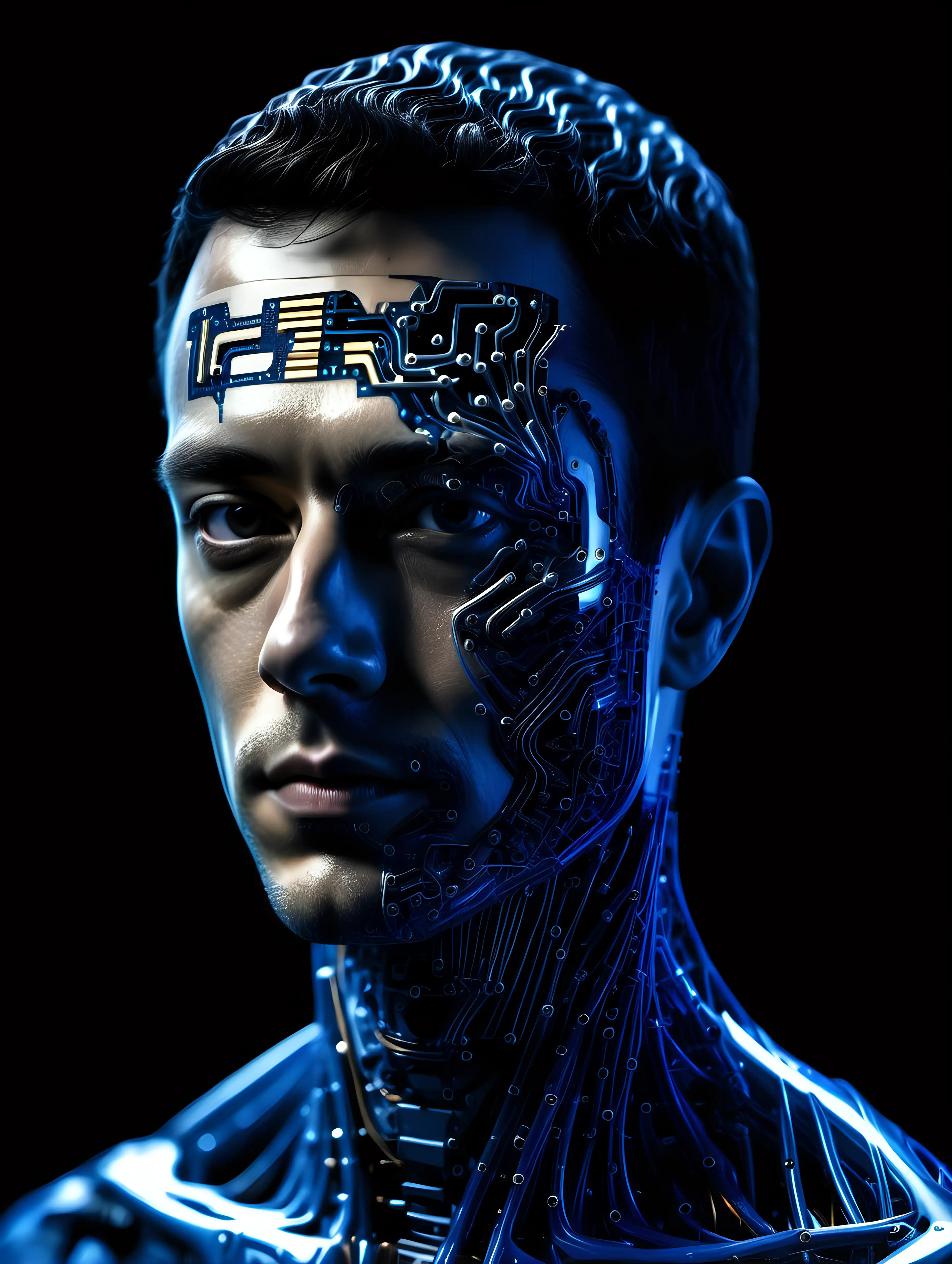 professional photo with slight reflection. dark background. dark blue high tech waves of neural network in bottom and double exposure nice man 23years old human head half robot half human westworld style uhd 8k realistic detailed bit of matrix style 