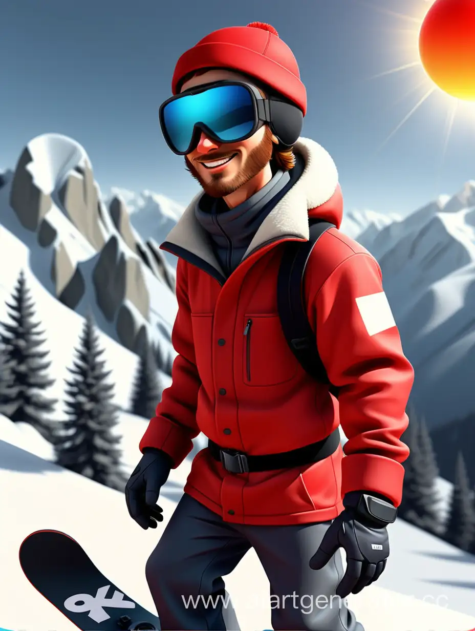 Adventurous-Man-Snowboarding-in-Red-Suit-with-Black-Hat-and-Goggles