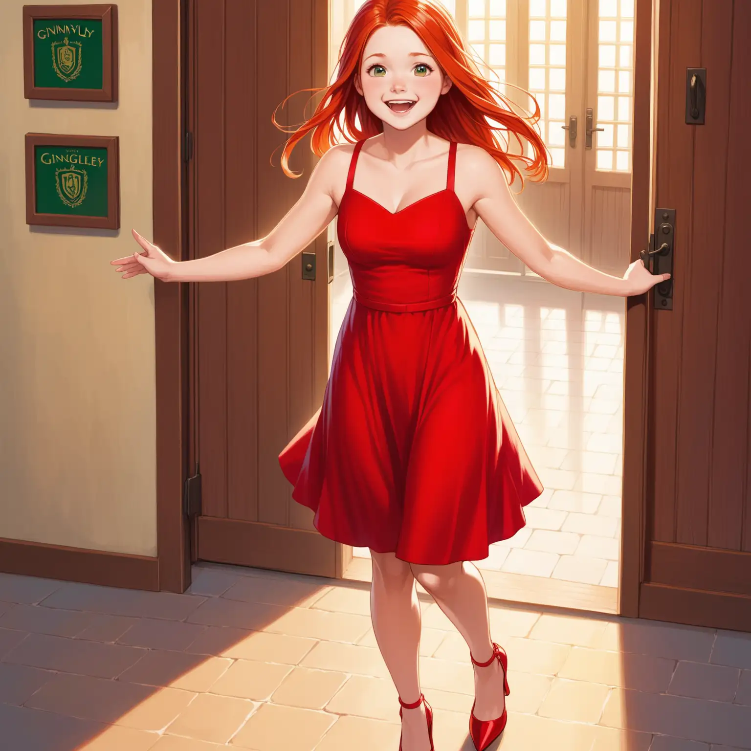 Vue dynamique en de face, dans entrée, Ginny Weasley regarde amoureusement expression de bonheur , robe rouge vif sans manches courte à bretelles spaghetti étoffe et escarpins rouges