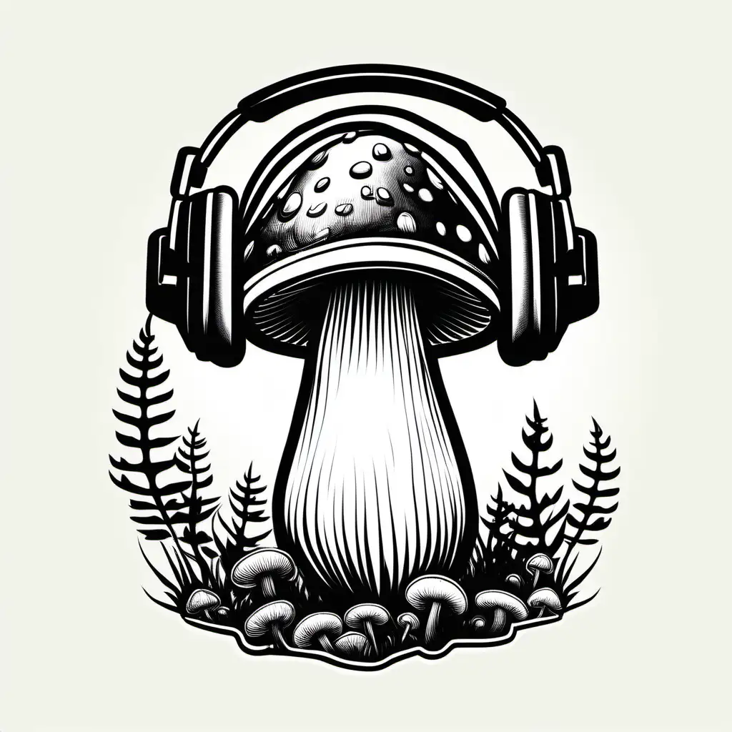 A mushroom with headset and a microphone. Silhouette, logo, fine liner art