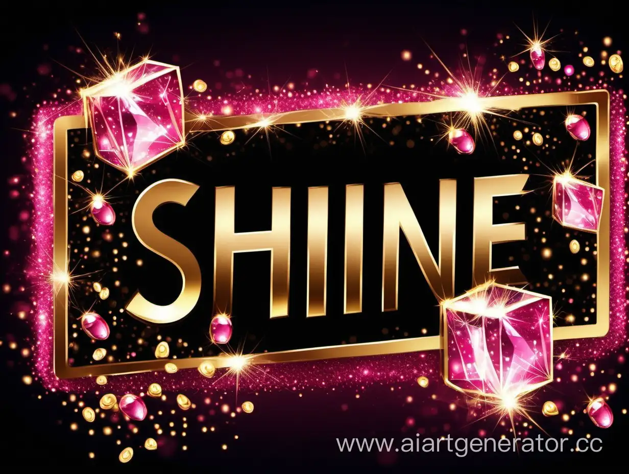 rectangular horizontal banner, signboard, black background with shining sparks, glitter in dark pink and gold colors, for a jewelry and perfume store, the name "shine!", beautiful girl, bottle, beads, bracelet, rings