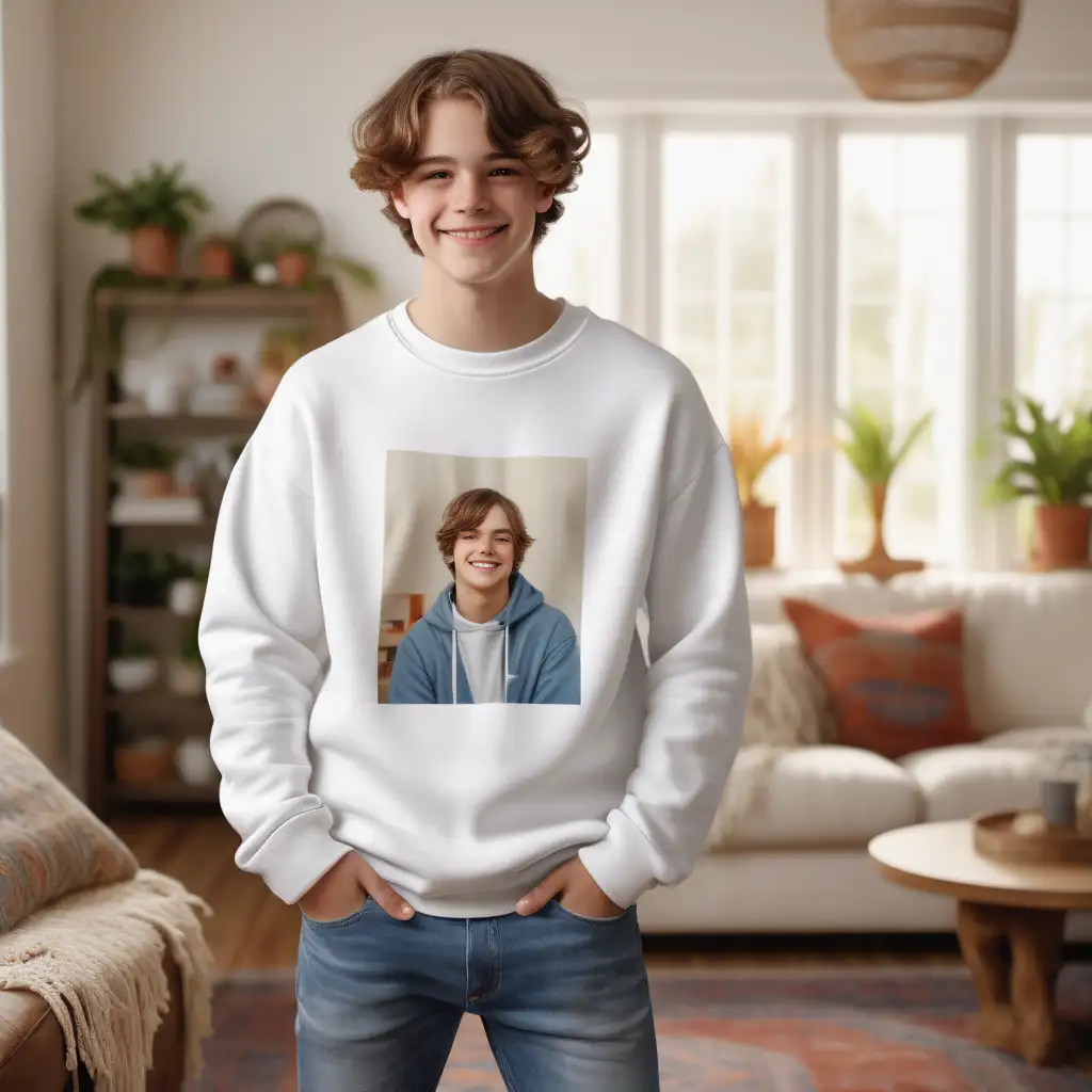 a photorealistic photo mockup of a gently smiling gay teen man wearing a blank white,
over-sized Gildan 18000 sweatshirt , medium length hair, and jeans in front of an indoor  themed
boho style home living Room scene. professional photography composition, f9.0. --ar 5:4 -
-s 750 --style raw -
