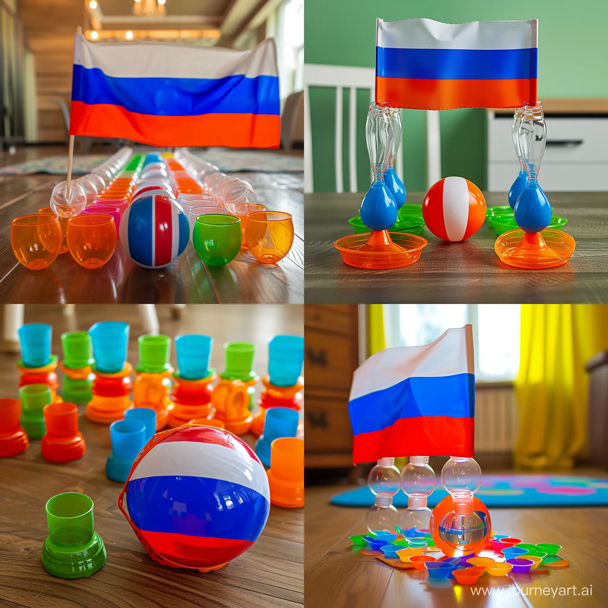 Shell game with upisidedown plastic cups and a russian-flag as a ball