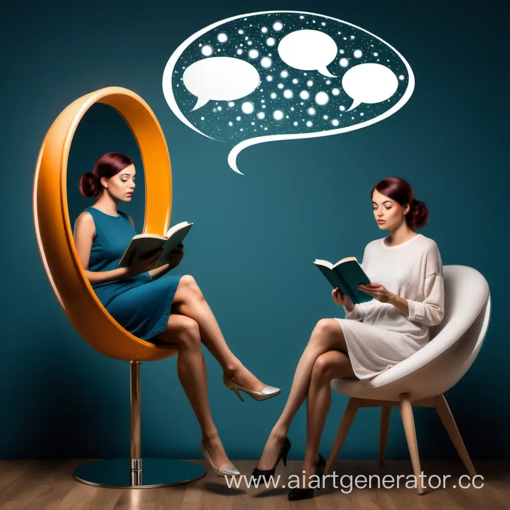  Create a woman sitting in a chair facing the mirror, she is reading a book and above a communication bubble with her imagining talking to someone else 
