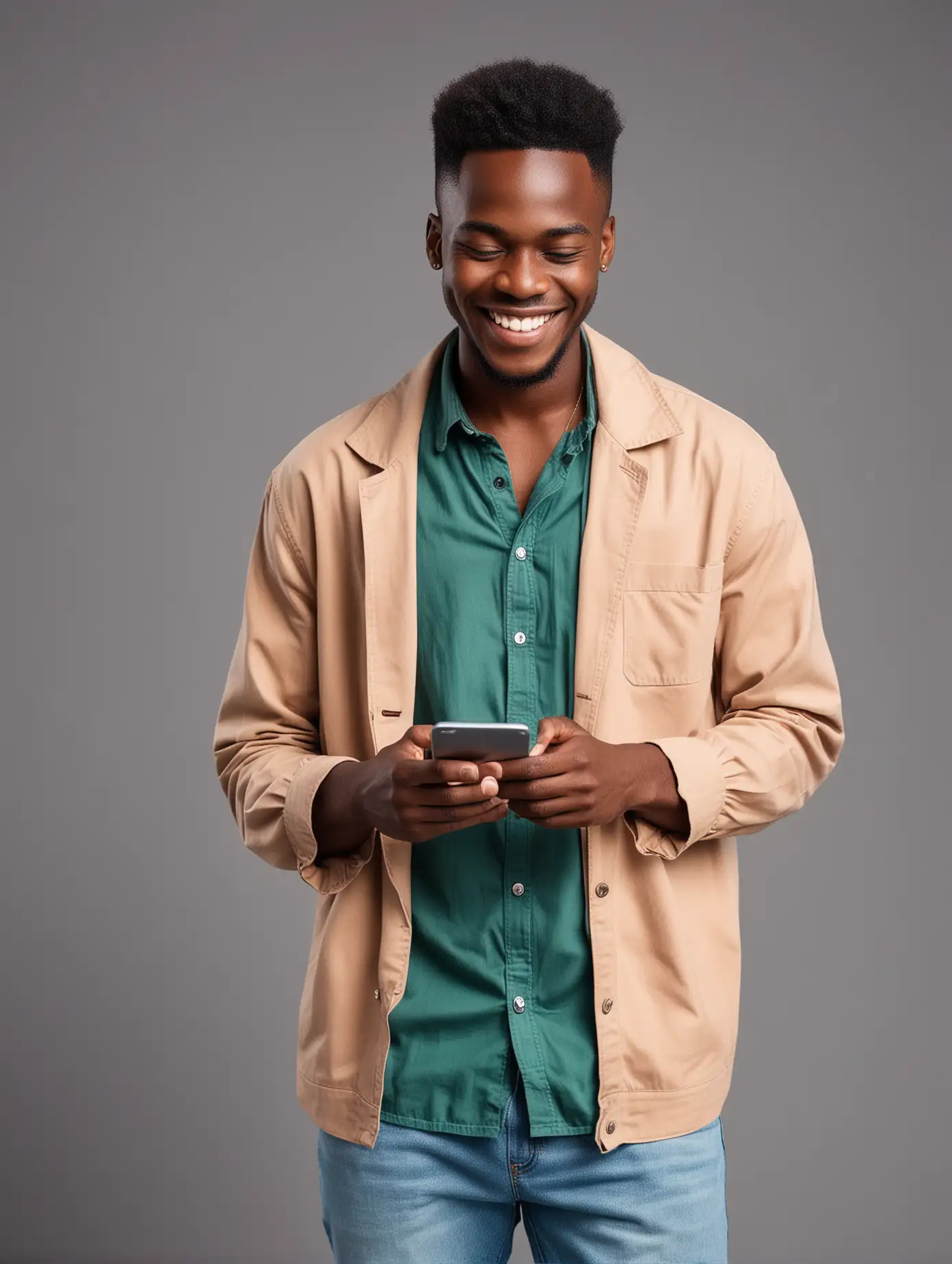 Front view of Smiling African young man in trendy clothes reading text on a mobile phone facing front
