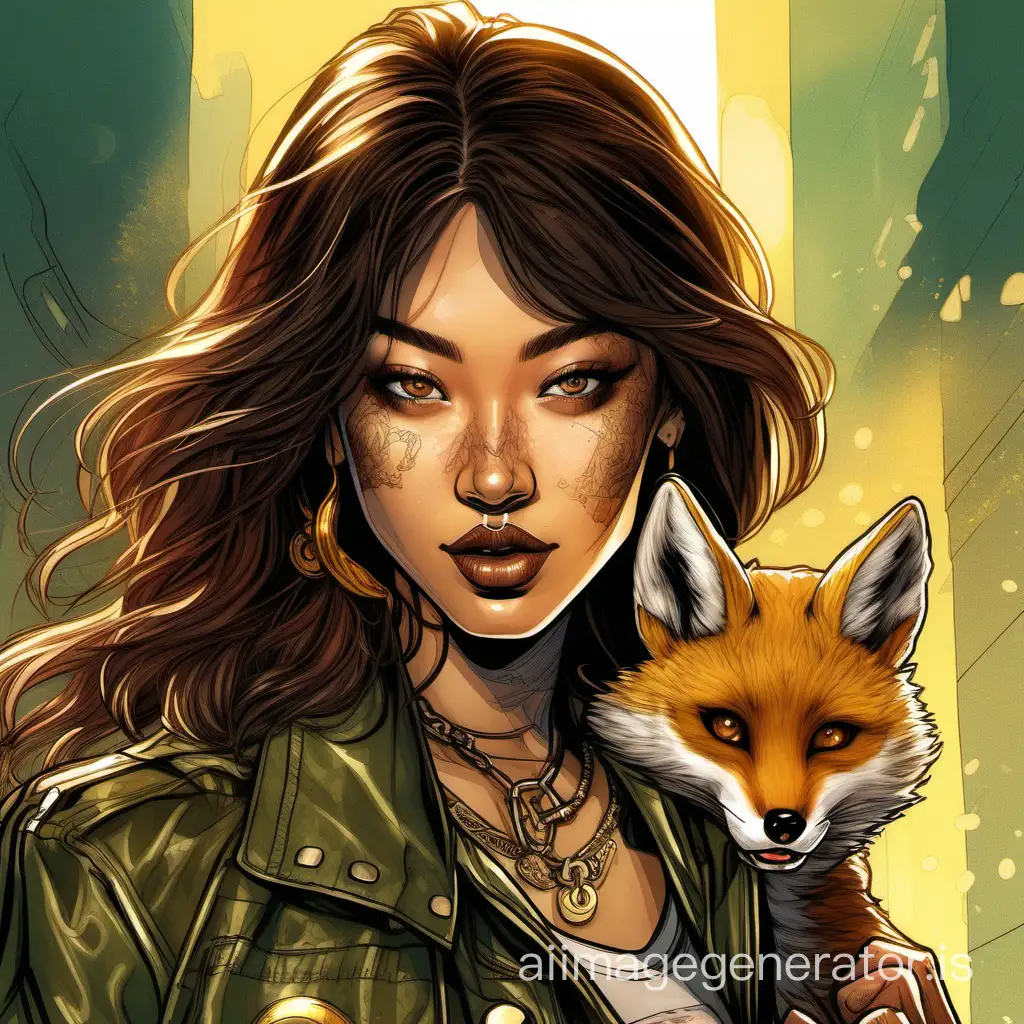 A stunning color sketch, a candid portrait of a beautiful semi-Asian bad girl with long tousled brunette hair, brown eyes, golden freckled skin, gold piercings, peridot jewelry, a brown leather jacket and a collar with a golden bell biting her." A lower lip with a fanged smile in a sunlit setting. She holds a fox cub in her hands.Dark fantasy romantic semi-realistic comic style. Volumetric and dynamic lighting. Hyperdotal photorealistic hyperrealistic maximalist masterpiece.