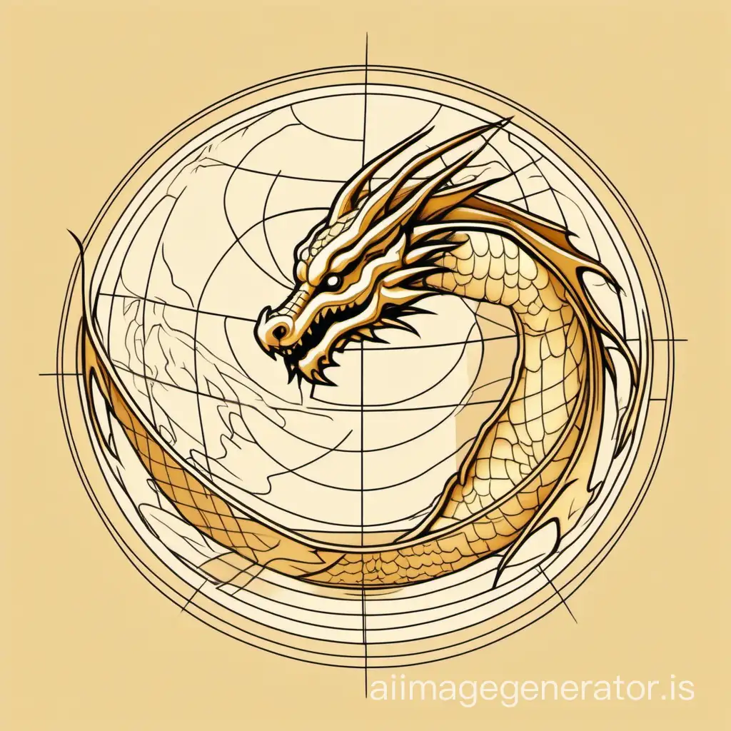 the globe with latitudes and longitudes, the dragon wrapped around half the perimeter of the globe, logo, in one line drawing style, golden pastel color