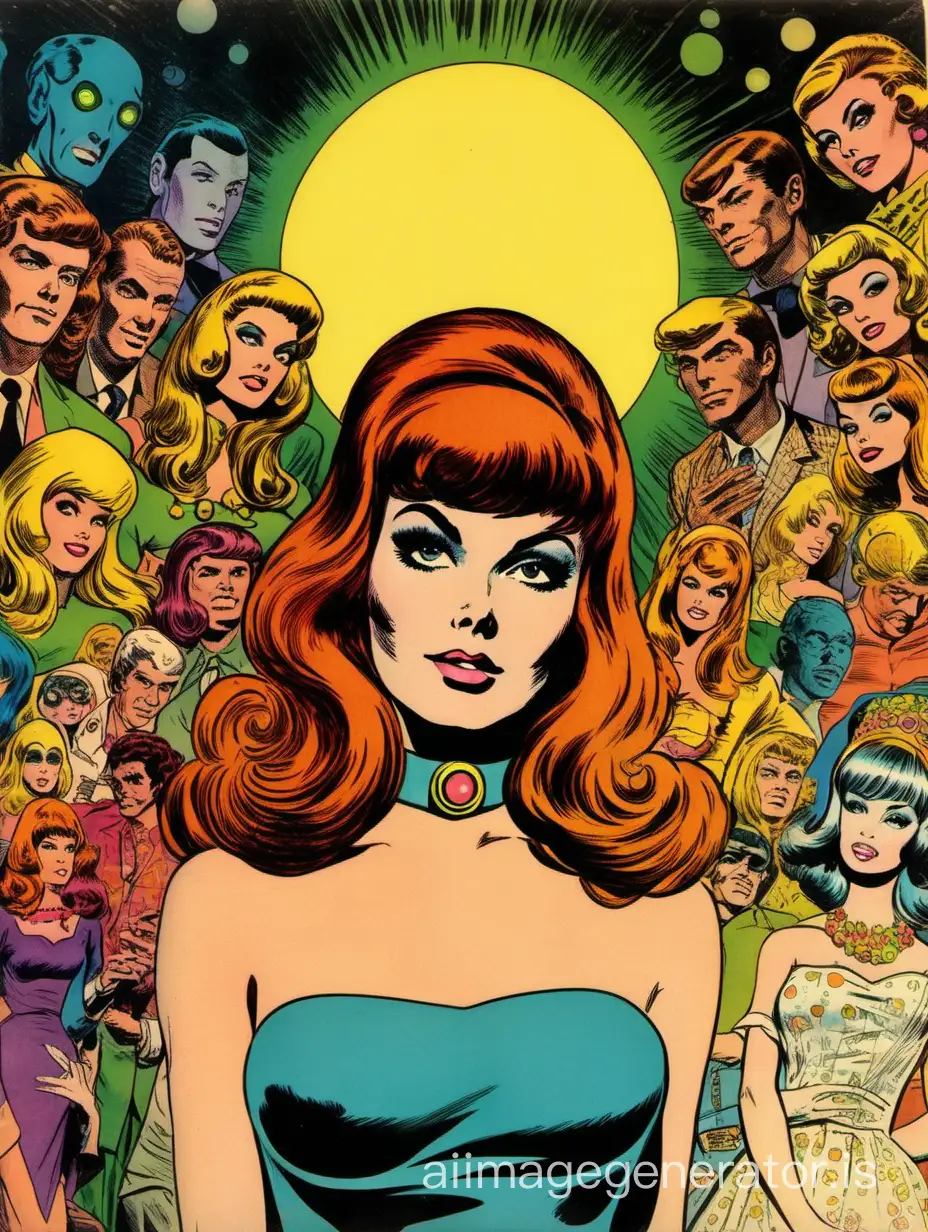 Full color Cover art from a 1960s psychedelic groovy romance comic book, portrait 3:4 aspect ratio, no text or logo